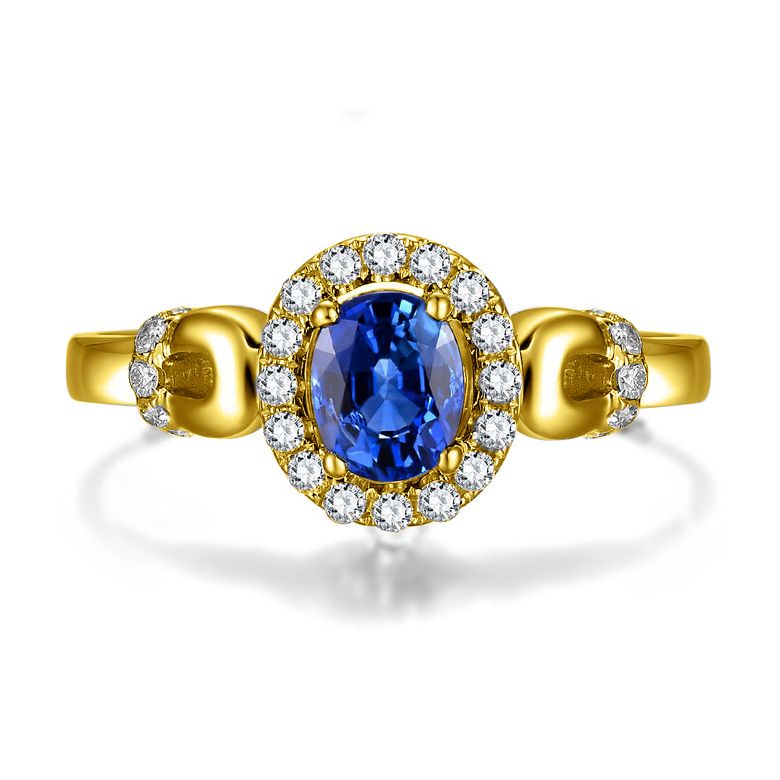 Solitaire en Saphir et Diamants - Bague en Or jaune 18 carats - 1