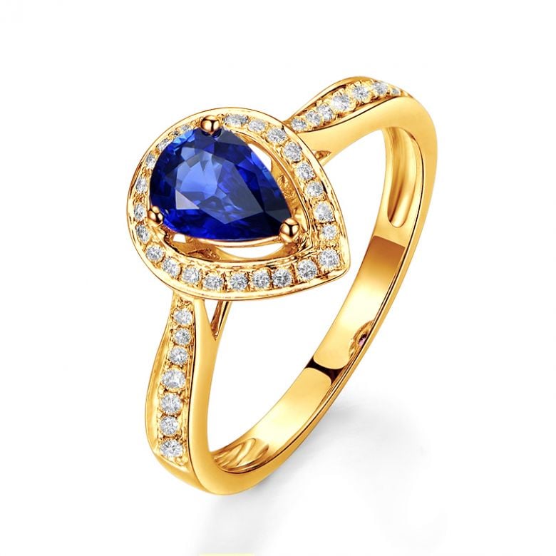 Bague de fiancailles saphir forme poire. Or jaune, diamants - 1