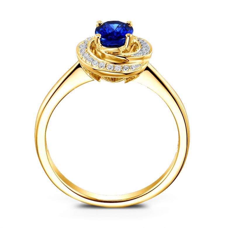Bague saphir bleu. Or jaune, diamants myriade - 5