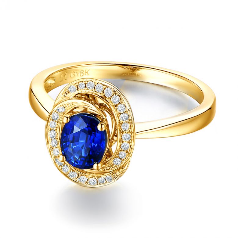 Bague saphir bleu. Or jaune, diamants myriade - 1