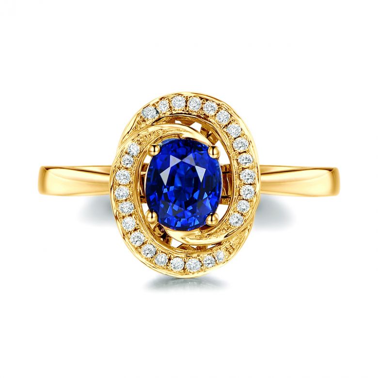 Bague saphir bleu. Or jaune, diamants myriade - 6