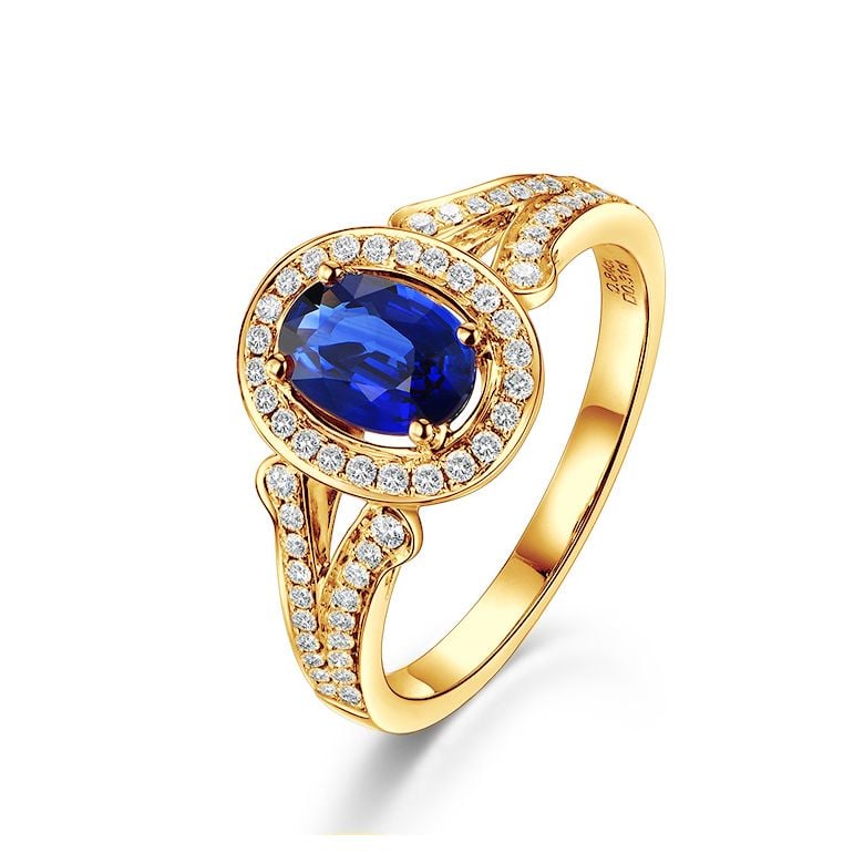Bague fiançaille saphir ovale 1 carat. Or jaune. Pavage diamants - 1