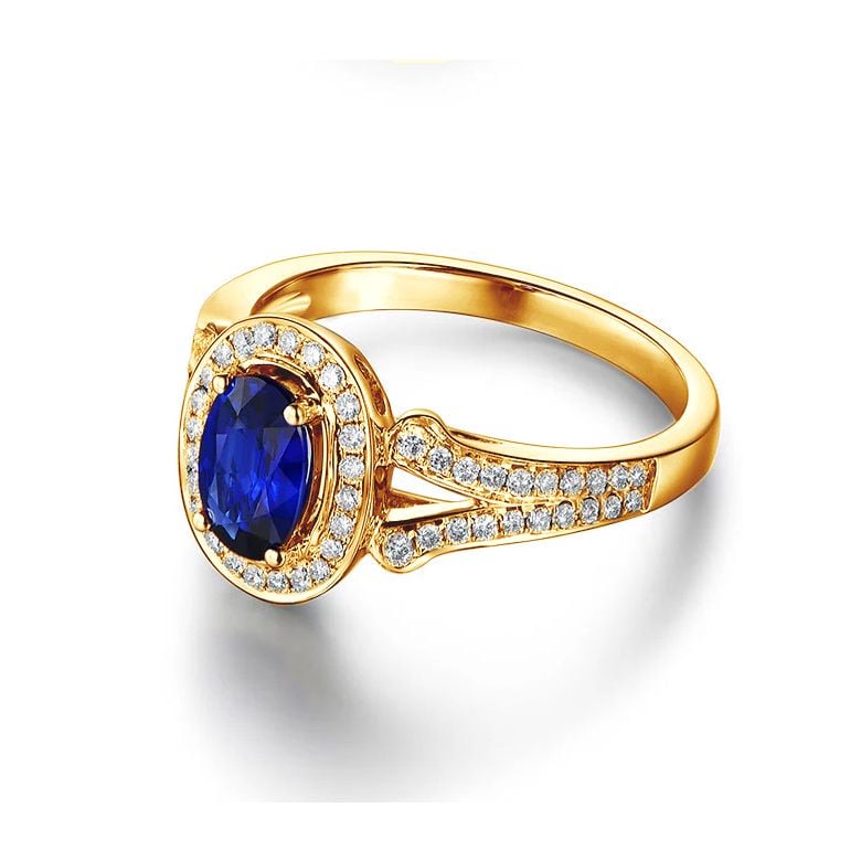 Bague fiançaille saphir ovale 1 carat. Or jaune. Pavage diamants - 7