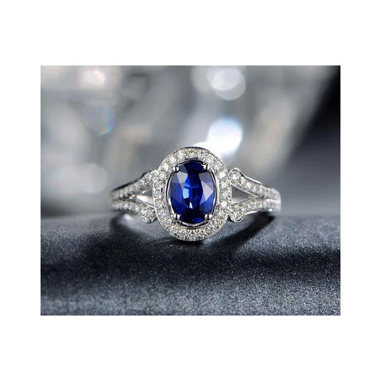 Bague fiançaille saphir ovale 1 carat. Or blanc. Pavage diamants - 2