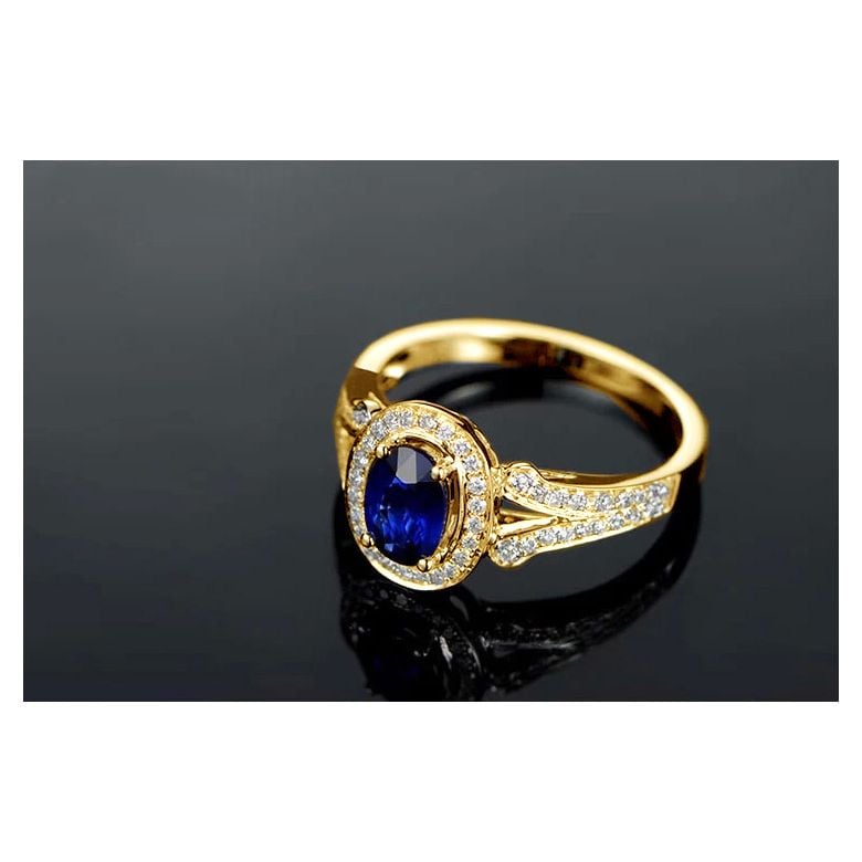 Bague fiançaille saphir ovale 1 carat. Or jaune. Pavage diamants - 4