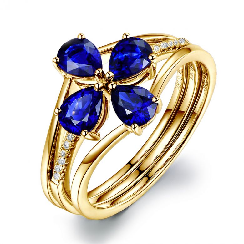 Bague solitaire saphirs fleur et Or jaune. Linéaire diamants - 4