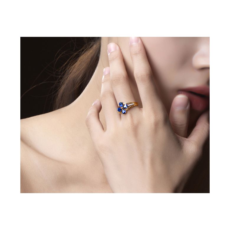 Bague solitaire saphirs fleur et Or jaune. Linéaire diamants - 2