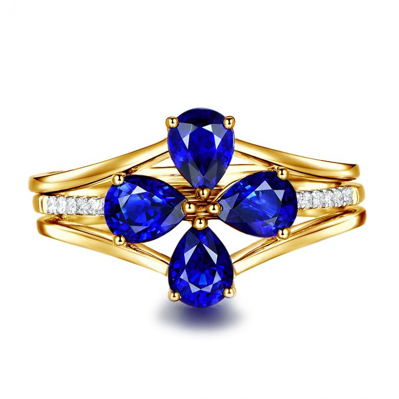 Bague solitaire saphirs fleur et Or jaune. Linéaire diamants - 1