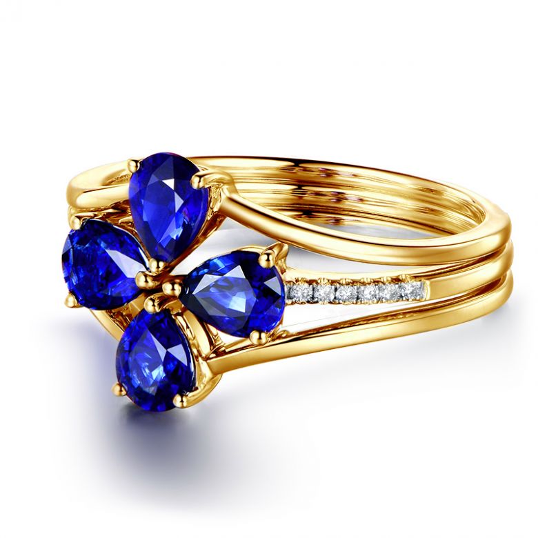 Bague solitaire saphirs fleur et Or jaune. Linéaire diamants - 6