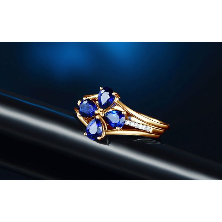 Bague solitaire saphirs fleur et Or jaune. Linéaire diamants - 3