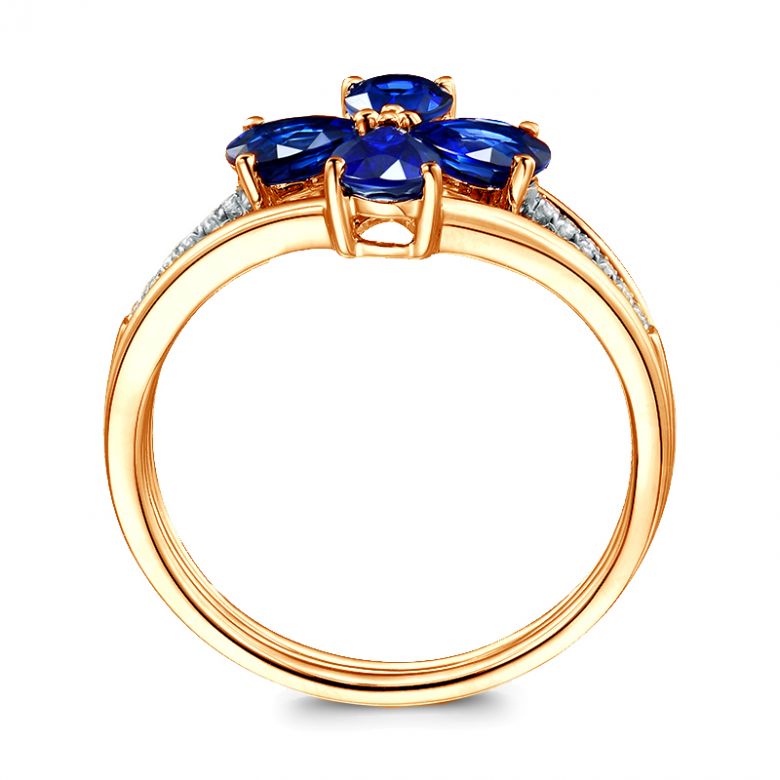 Bague solitaire saphirs fleur et Or jaune. Linéaire diamants - 5