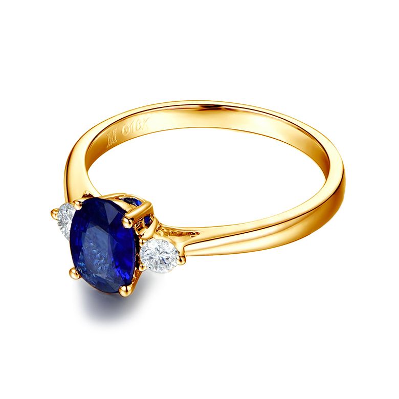 Solitaire trilogie saphir bleu 1 carat avec 2 diamants. Or jaune - 5