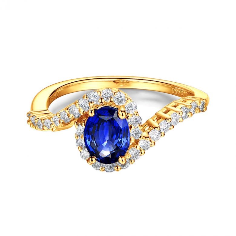 Bague saphir or jaune pavage diamant sinueux - 5
