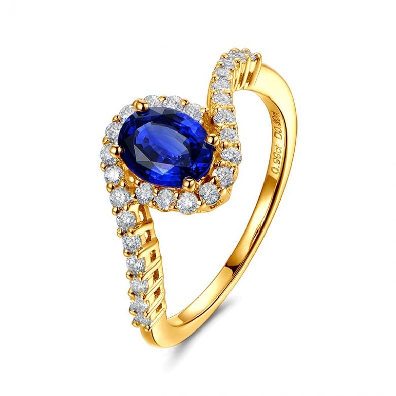 Bague saphir or jaune pavage diamant sinueux - 1