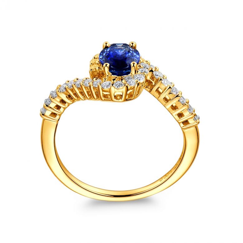 Bague saphir or jaune pavage diamant sinueux - 6