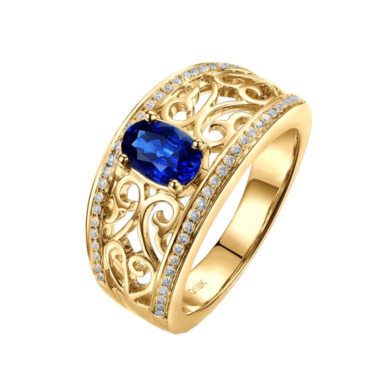 Bague fiançailles saphir 1ct. Or jaune. Motifs brodés dentelles - 1