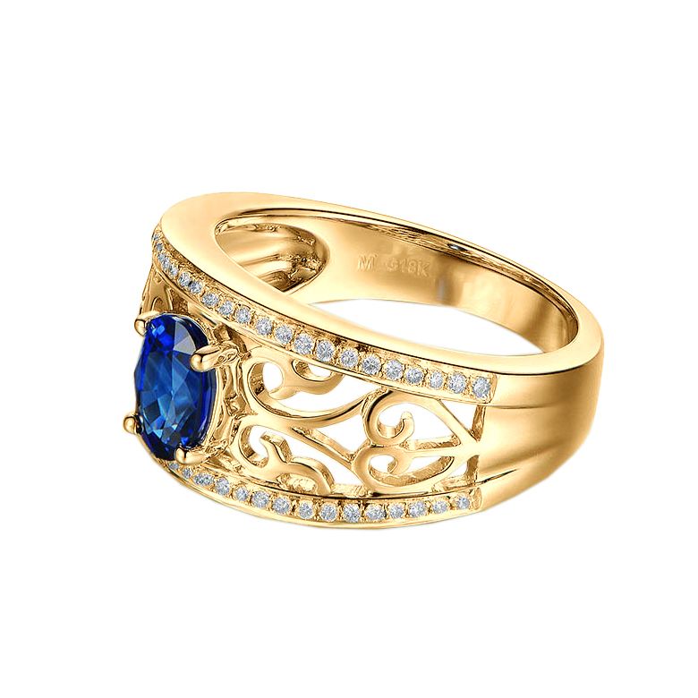 Bague fiançailles saphir 1ct. Or jaune. Motifs brodés dentelles - 6