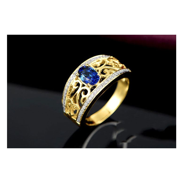 Bague fiançailles saphir 1ct. Or jaune. Motifs brodés dentelles - 4