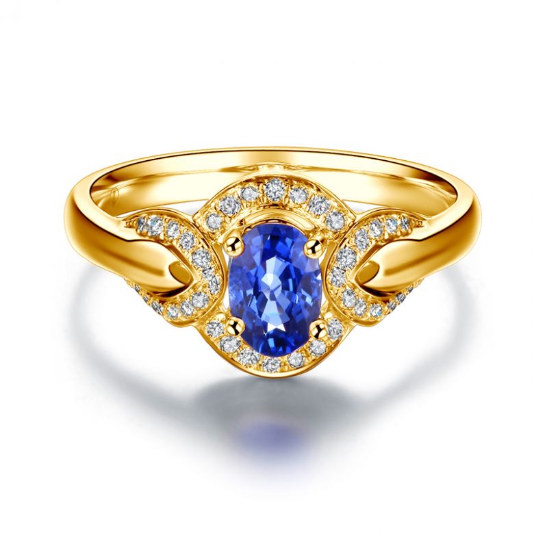 Bague fiançailles saphir diamants et or jaune. Motifs bouclés - 4