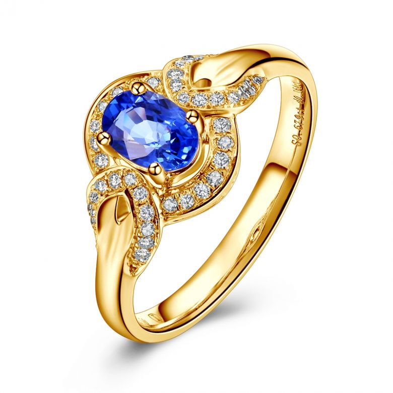 Bague fiançailles saphir diamants et or jaune. Motifs bouclés - 1