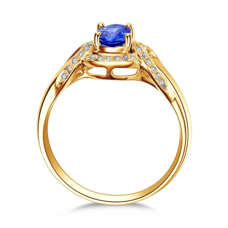 Bague fiançailles saphir diamants et or jaune. Motifs bouclés - 5