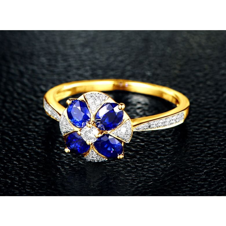Bague solitaire fleur bleue. Or jaune, saphirs et diamants - 5