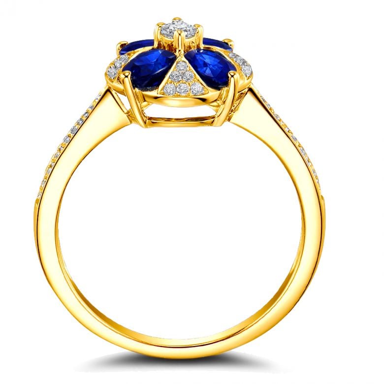 Bague solitaire fleur bleue. Or jaune, saphirs et diamants - 9