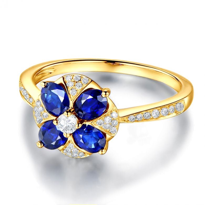 Bague solitaire fleur bleue. Or jaune, saphirs et diamants - 8