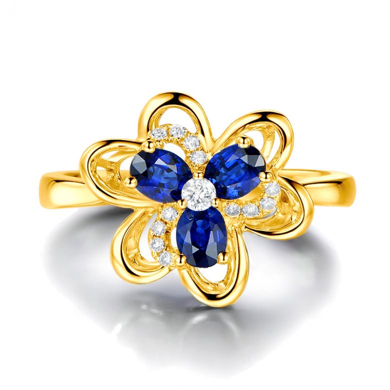 Bague fleur Or jaune fleur anémone. Diamants, saphirs - 1