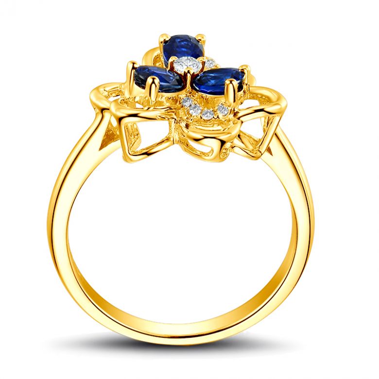 Bague fleur Or jaune fleur anémone. Diamants, saphirs - 9