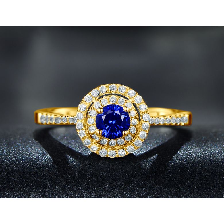 Bague sertissage virtuose Or jaune, diamants et saphir 0.50ct - 4