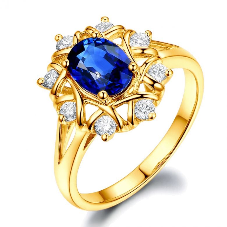 Bague fiancailles fleur saphir et diamants. Solitaire Or jaune - 1