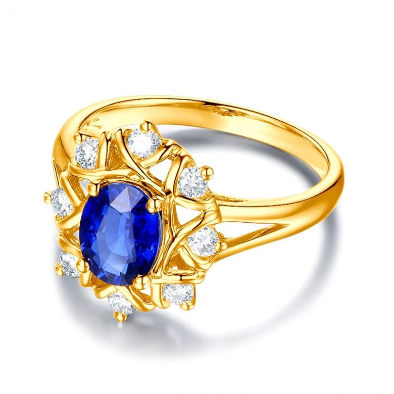 Bague fiancailles fleur saphir et diamants. Solitaire Or jaune - 11