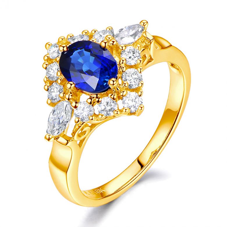 Bague fiançailles saphir diamants et or jaune.  - 1