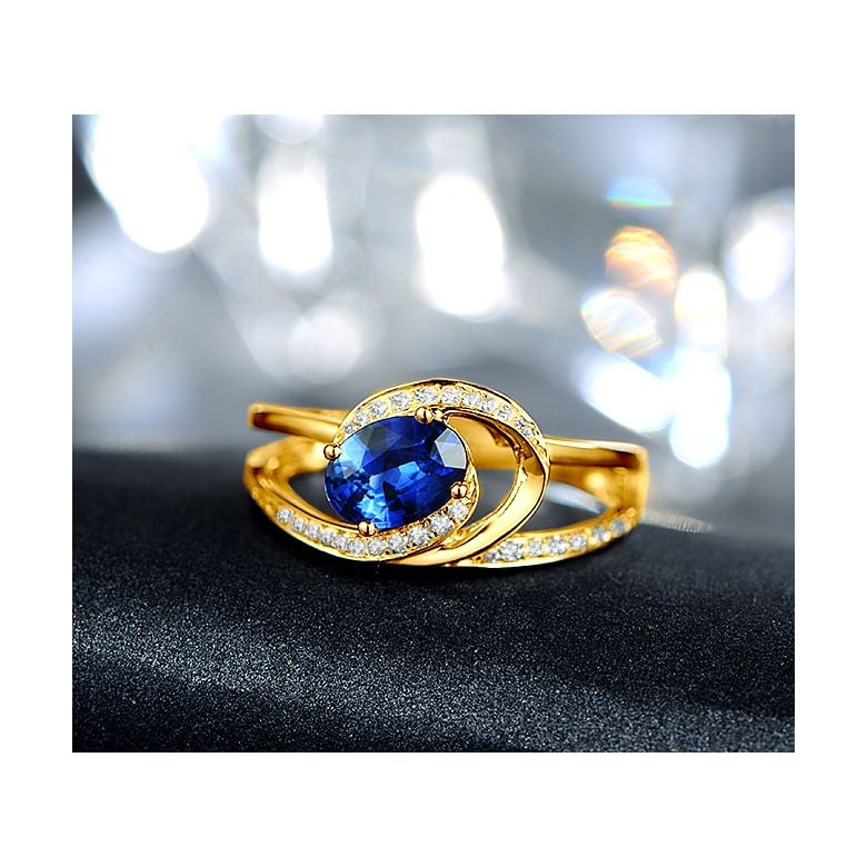 Bague de fiançailles saphir ovale 1 carat. Diamant, Or jaune - 6
