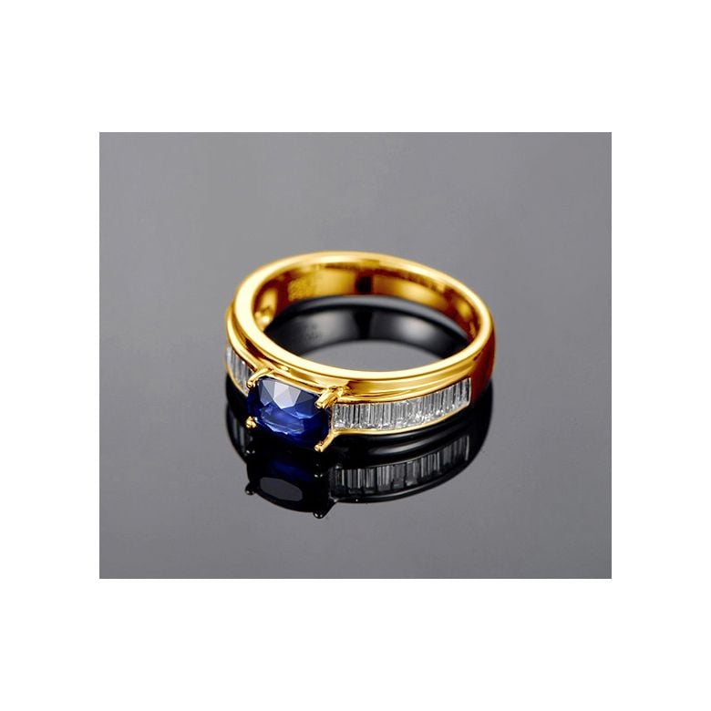 Bague contraste Saphir et Diamants taille émeraude. Or jaune 18 - 6
