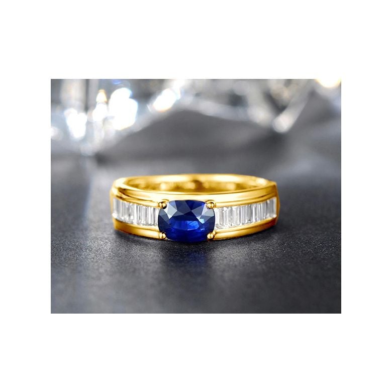 Bague contraste Saphir et Diamants taille émeraude. Or jaune 18 - 4