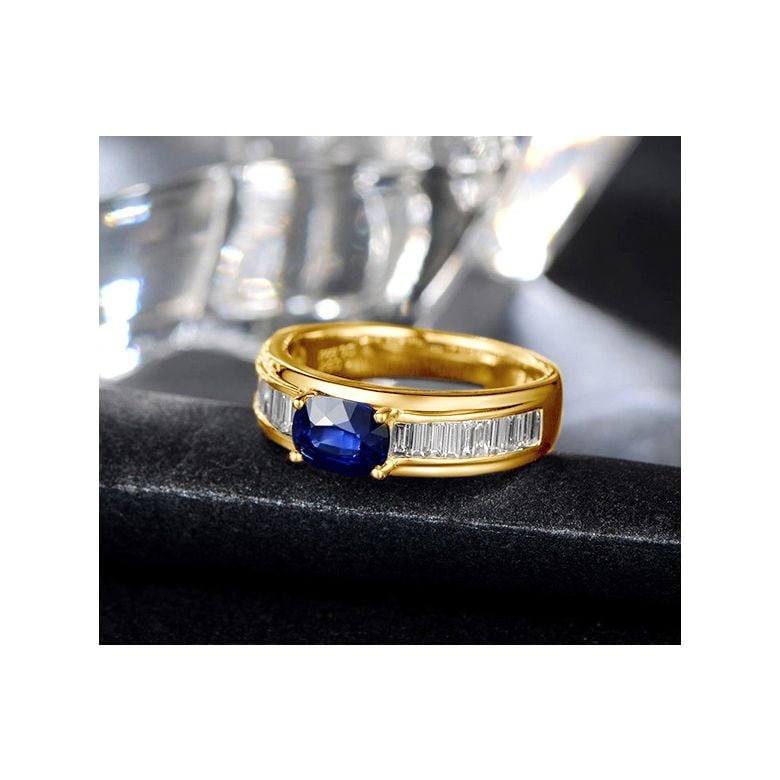 Bague contraste Saphir et Diamants taille émeraude. Or jaune 18 - 5