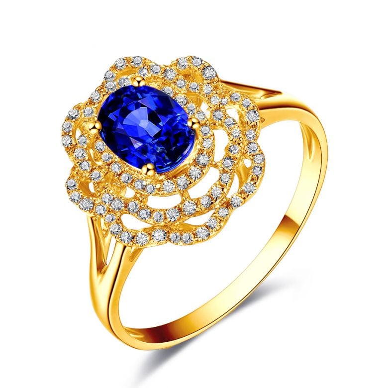 Bague fiancailles saphir bleu diamants. Or jaune, fleur éclose - 1