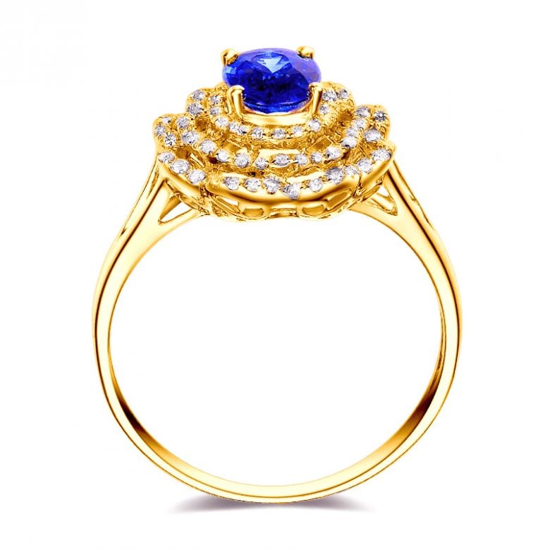 Bague fiancailles saphir bleu diamants. Or jaune, fleur éclose - 2