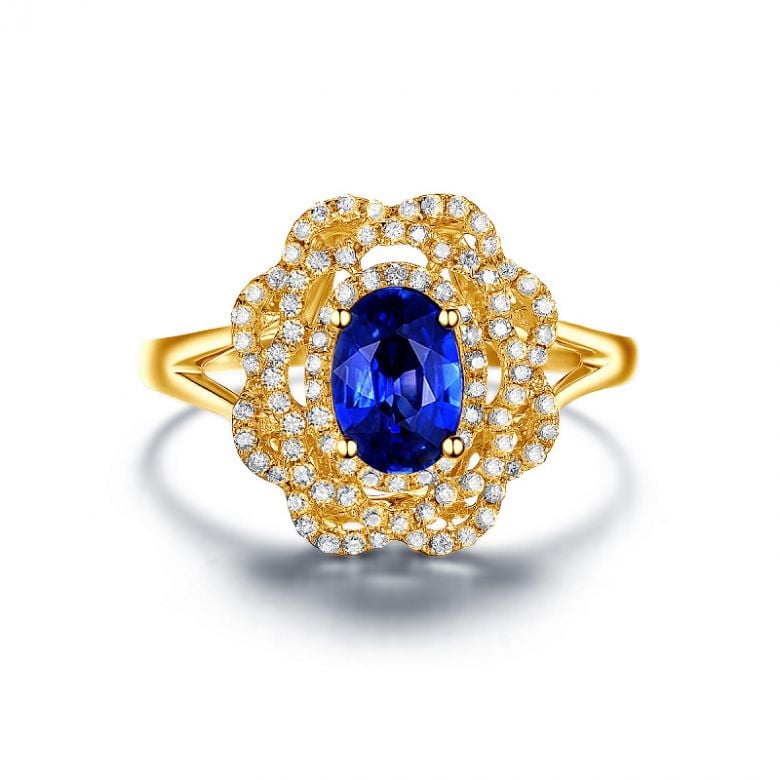 Bague fiancailles saphir bleu diamants. Or jaune, fleur éclose - 10