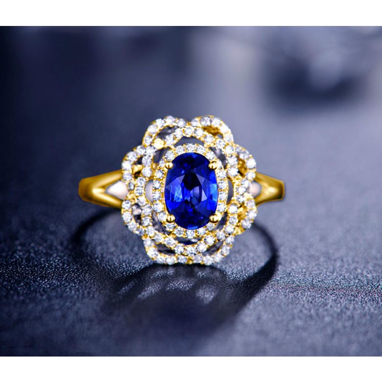 Bague fiancailles saphir bleu diamants. Or jaune, fleur éclose - 5