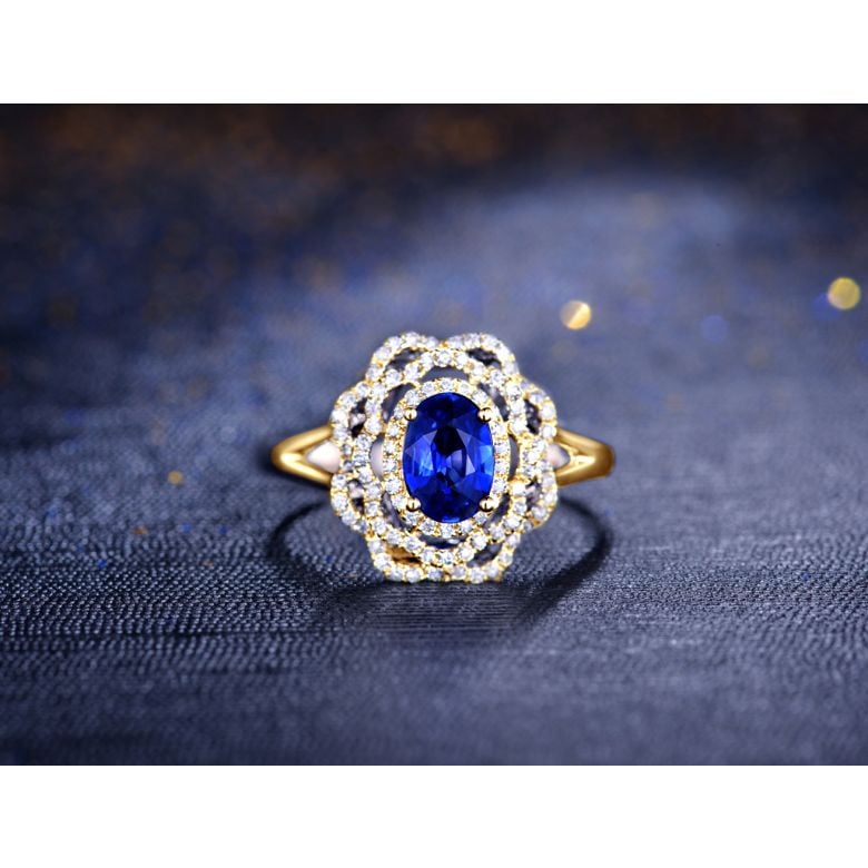 Bague fiancailles saphir bleu diamants. Or jaune, fleur éclose - 7