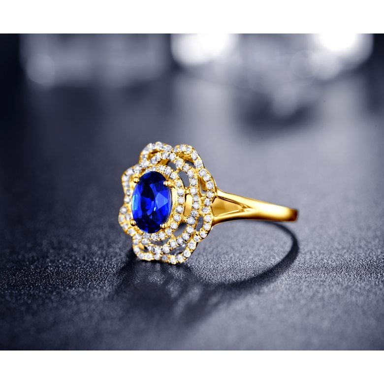 Bague fiancailles saphir bleu diamants. Or jaune, fleur éclose - 4