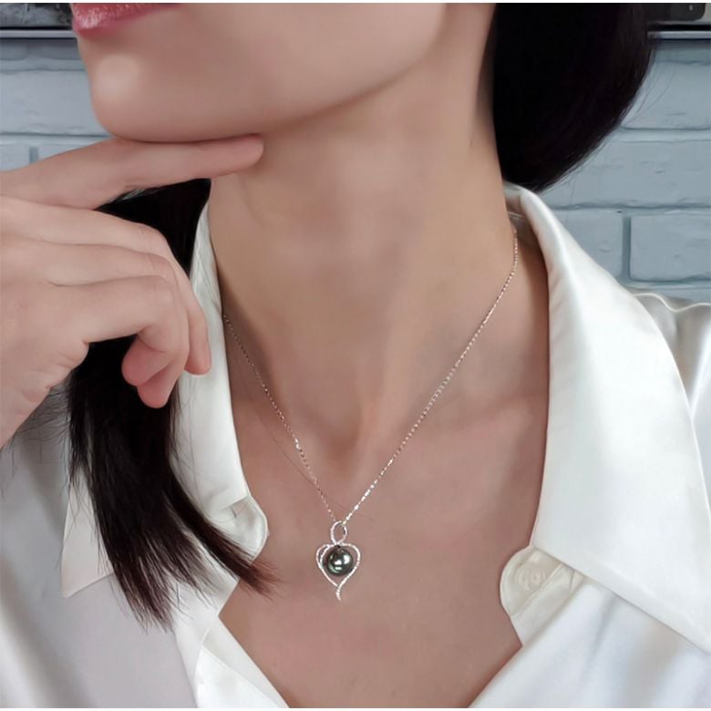 Pendentif coeur - Déclaration d'amour - Perle Tahiti - Or blanc, diamants - 4