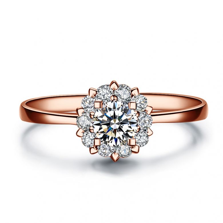 Solitaire bague or rose - Coeur caillouté - Pavage diamants 0.33ct - 2