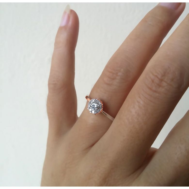 Solitaire bague or rose - Coeur caillouté - Pavage diamants 0.33ct - 7