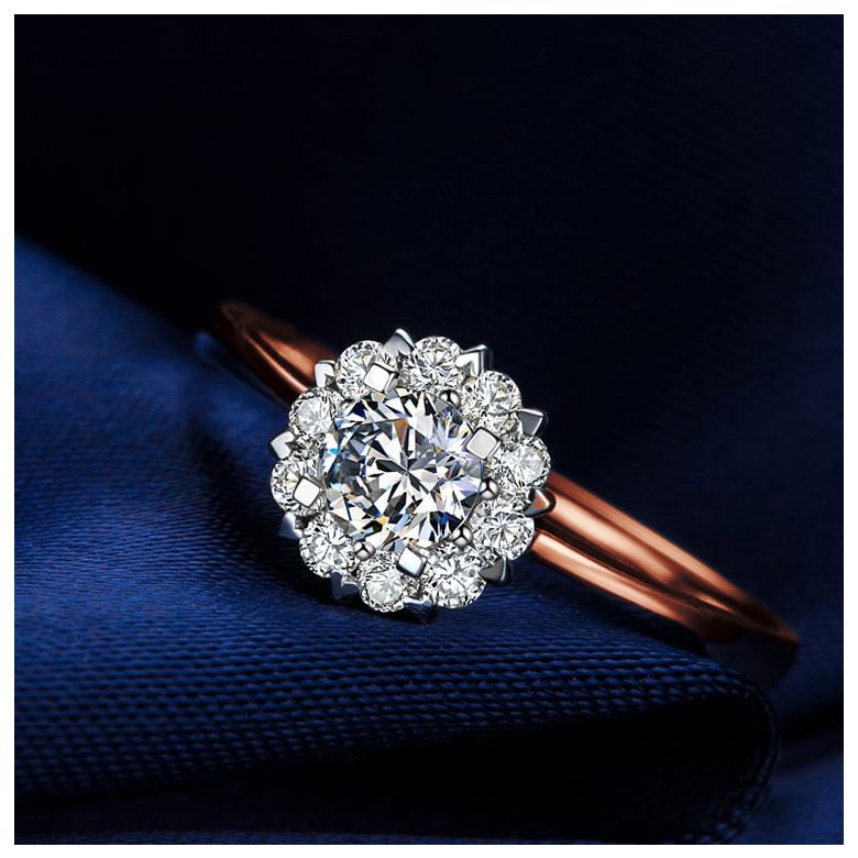 Solitaire bague or rose - Coeur caillouté - Pavage diamants 0.33ct - 8