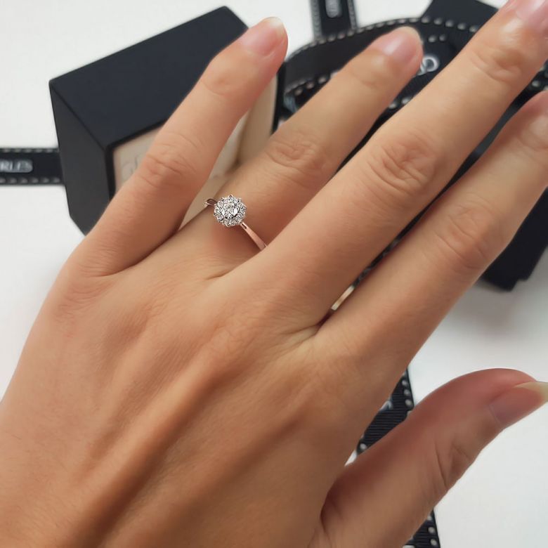 Solitaire bague or rose - Coeur caillouté - Pavage diamants 0.33ct - 11
