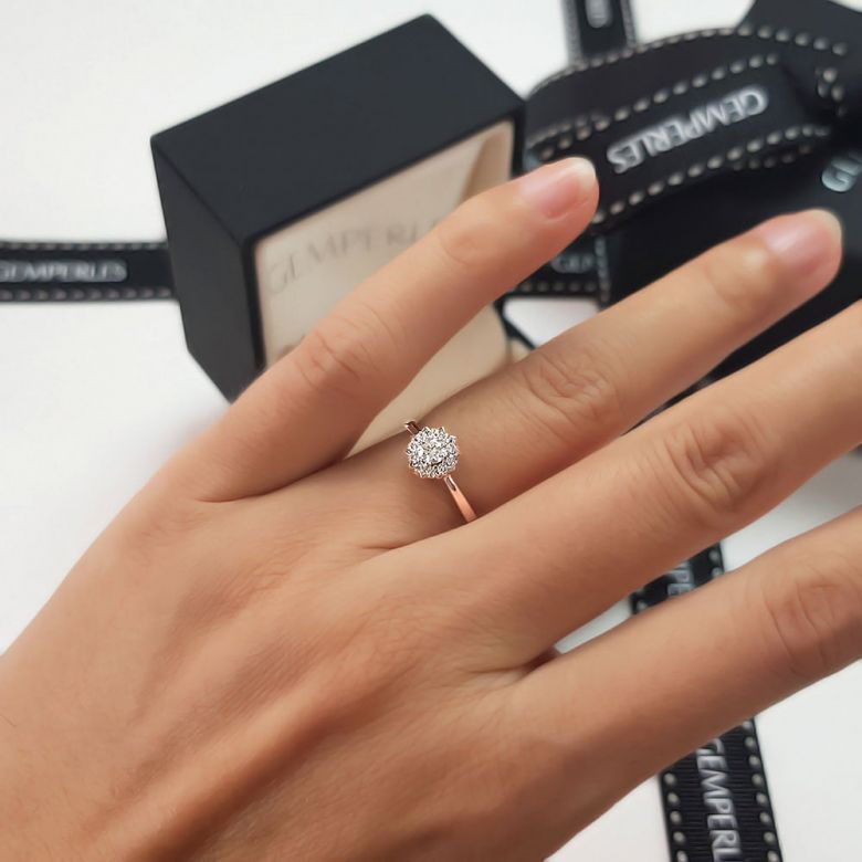 Solitaire bague or rose - Coeur caillouté - Pavage diamants 0.33ct - 10